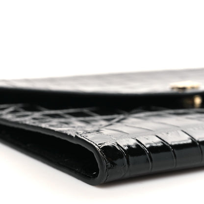Calfskin Crocodile Embossed Croc Illusion Clutch With Chain  Black