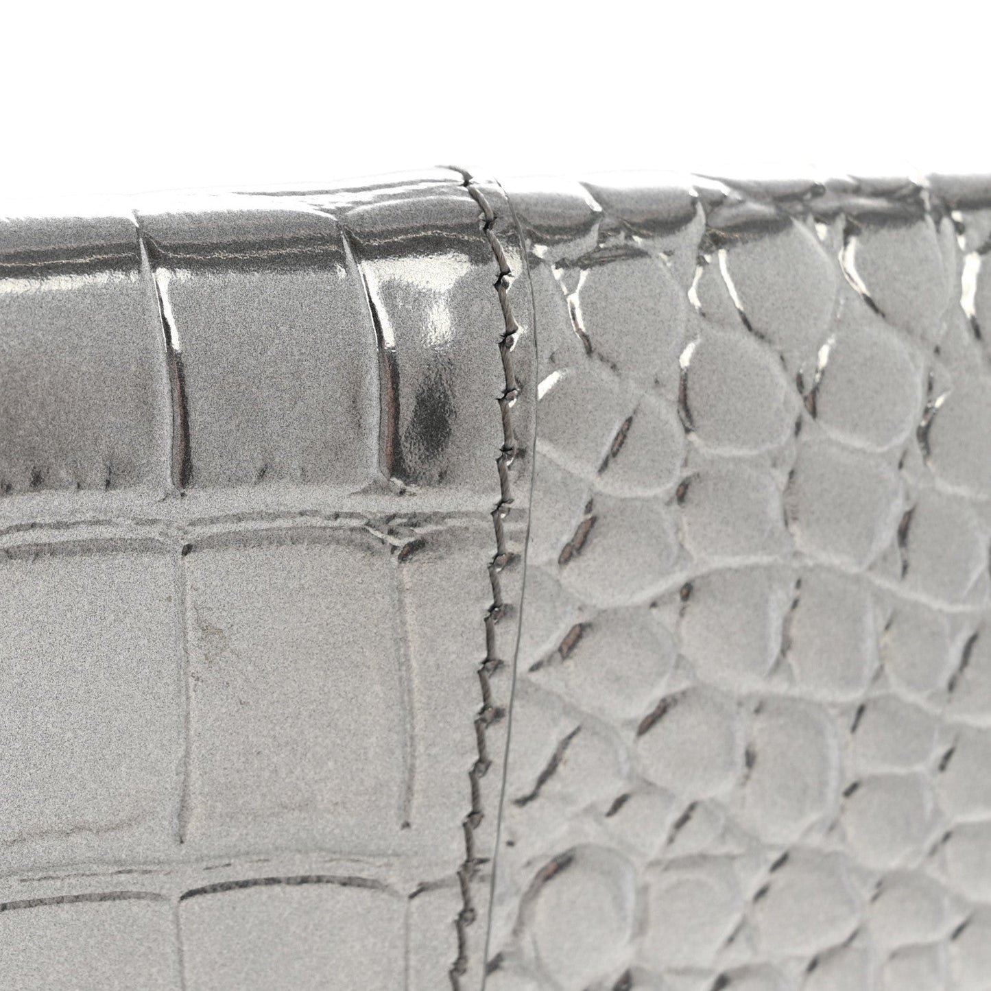 Metallic Calfskin Crocodile Embossed Hourglass Flap Flat Pouch Silver