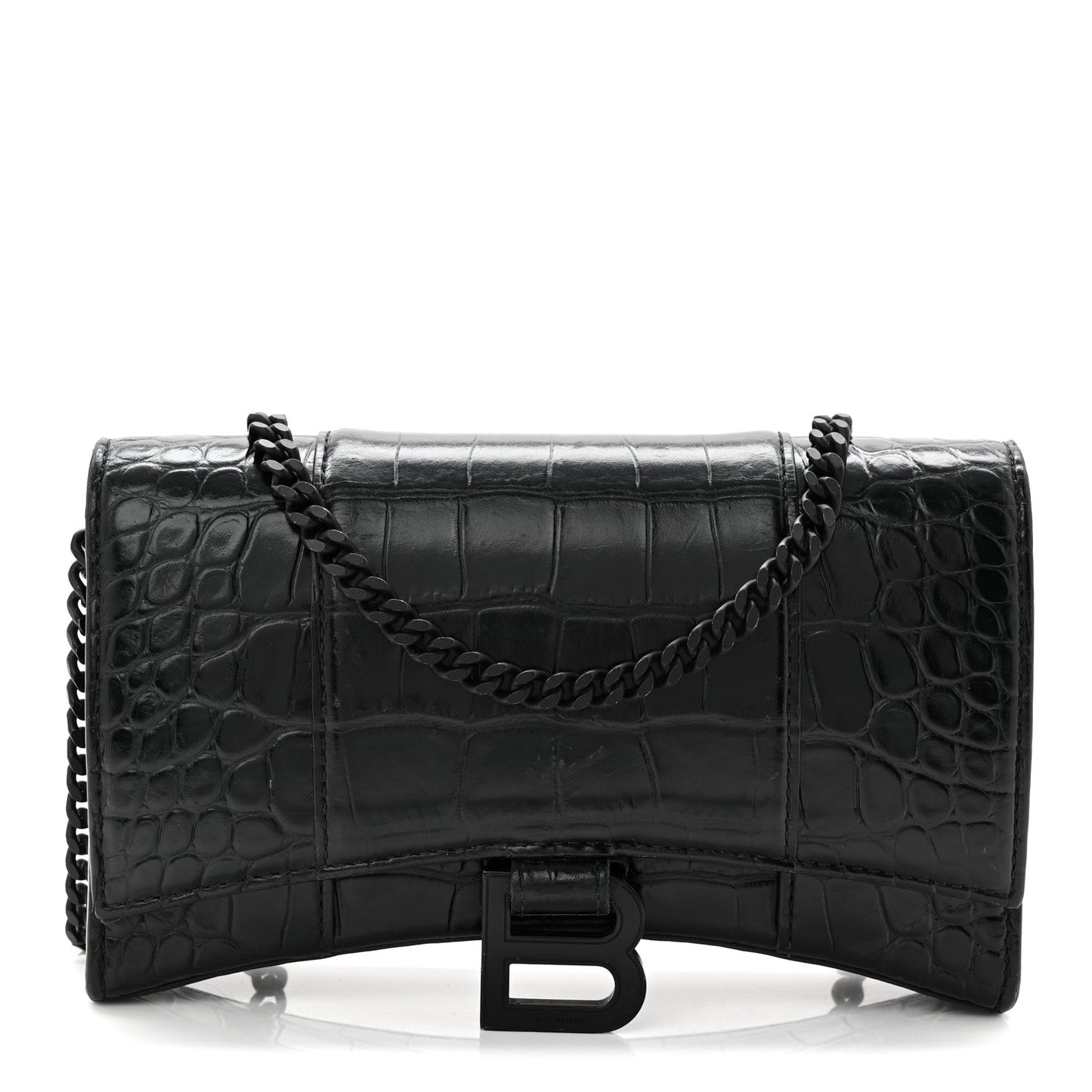 Shiny Calfskin Monochrome Crocodile Embossed Hourglass Chain Bag Black