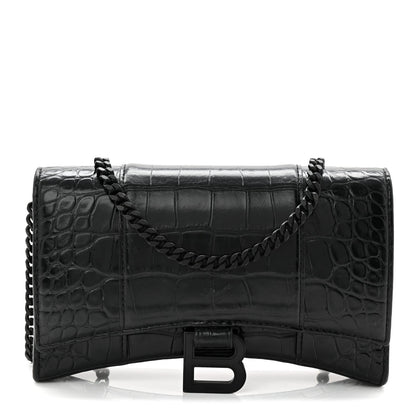 Shiny Calfskin Monochrome Crocodile Embossed Hourglass Chain Bag Black