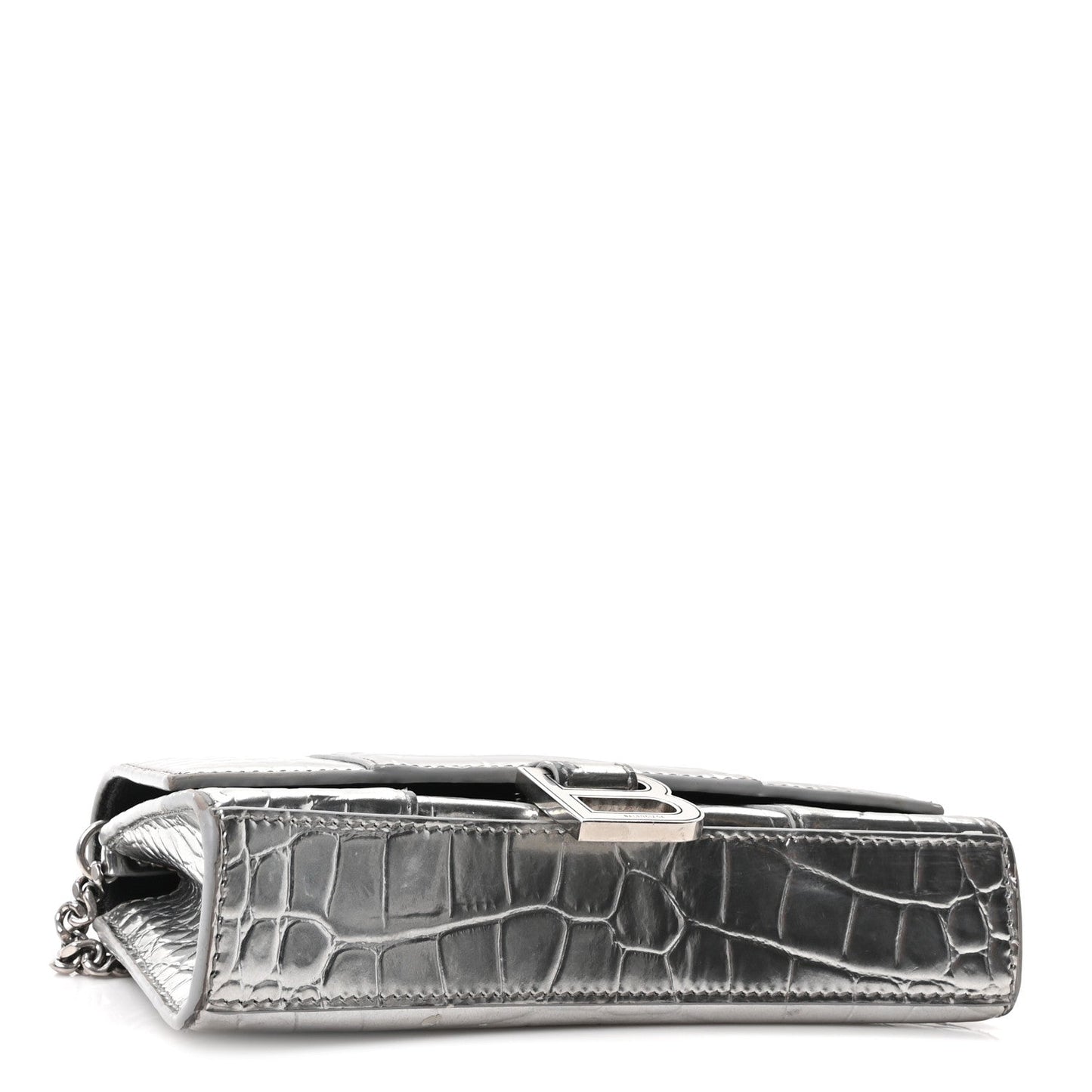 Metallic Calfskin Crocodile Embossed Hourglass Chain Bag Silver
