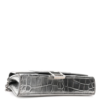 Metallic Calfskin Crocodile Embossed Hourglass Chain Bag Silver