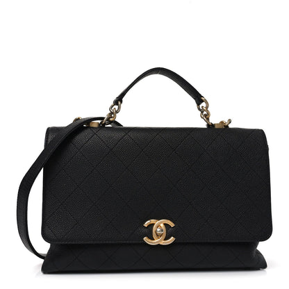 Caviar Diamond Stitched Top Handle Flap Black