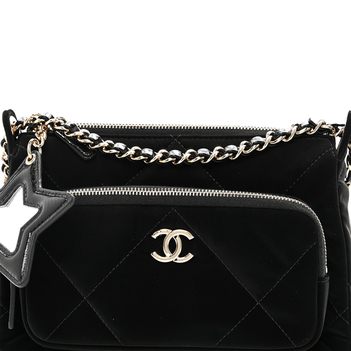 Velvet Effect Nylon Shiny Crumpled Calfskin Quilted Chanel 25 Clutch With Chain Black