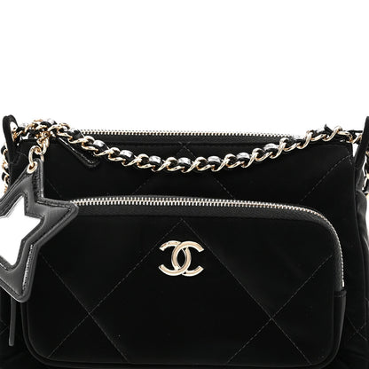 Velvet Effect Nylon Shiny Crumpled Calfskin Quilted Chanel 25 Clutch With Chain Black