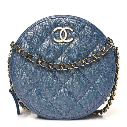 Iridescent Caviar Quilted Round Clutch With Chain Blue