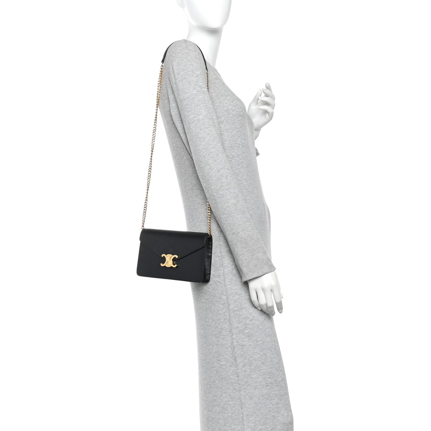 Shiny Calfskin Triomphe Margo Wallet on Chain Black