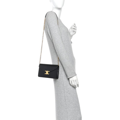 Shiny Calfskin Triomphe Margo Wallet on Chain Black