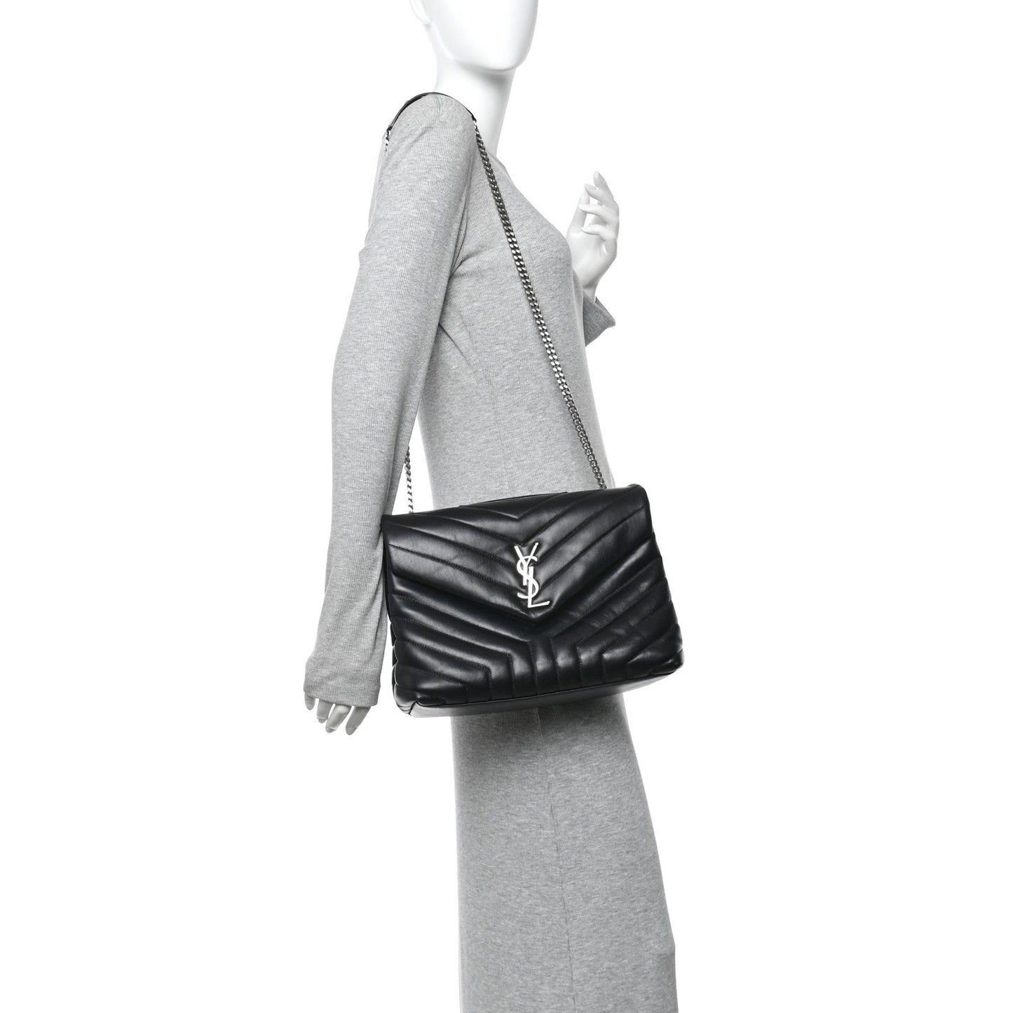 Calfskin Y Quilted Monogram Medium Loulou Chain Satchel Black