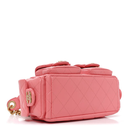 Shiny Lambskin Quilted Trendy Pockets Hobo Coral Pink