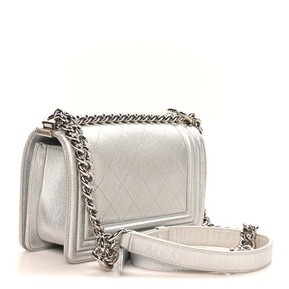 Metallic Calfskin Camellia Quilted Small Boy Flap Silver