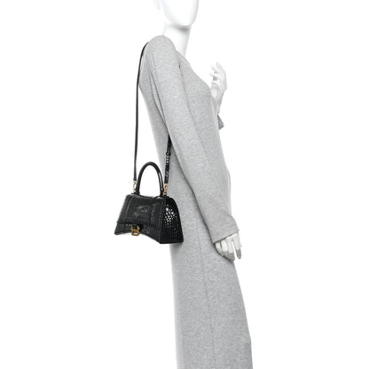 Shiny Calfskin Crocodile Embossed Small Hourglass Top Handle Bag  Black