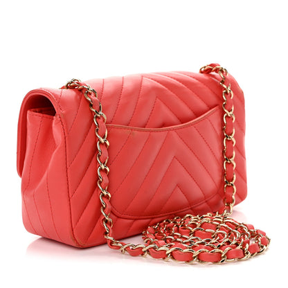 Lambskin Chevron Quilted Mini Rectangular Flap Coral