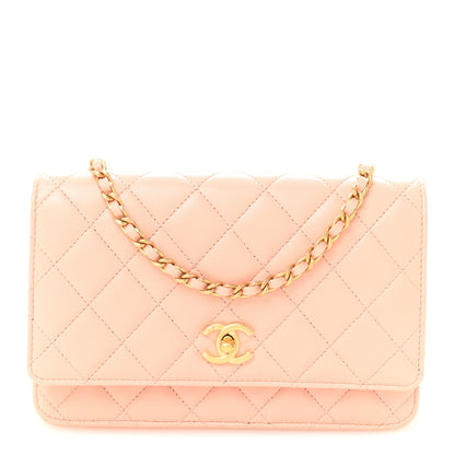 Lambskin Quilted CC Pearl Crush Wallet on Chain WOC Light Orange