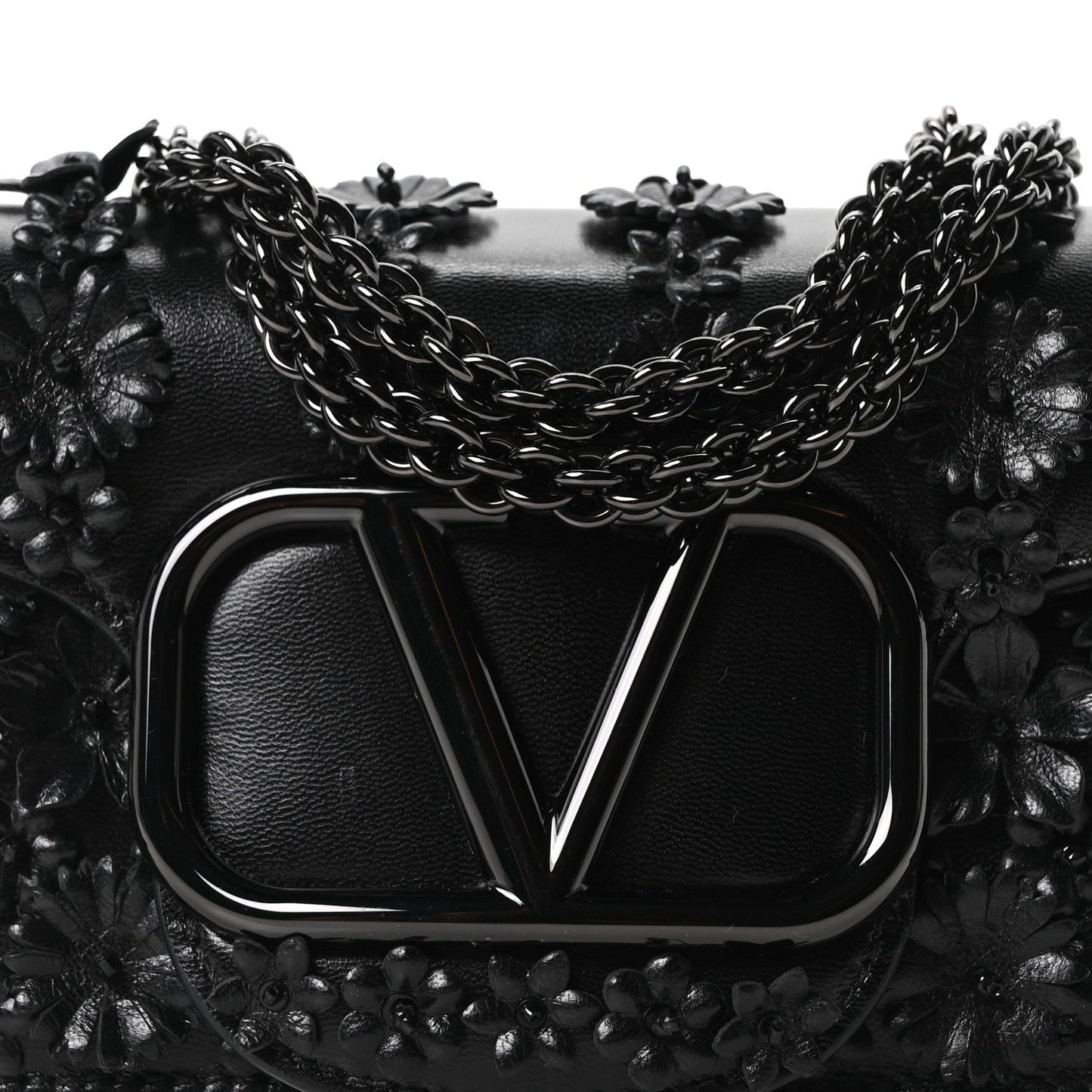 Calfskin Floral Embroidered Monochrome Vlogo Small Loco Shoulder Bag Black