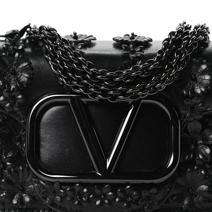 Calfskin Floral Embroidered Monochrome Vlogo Small Loco Shoulder Bag Black