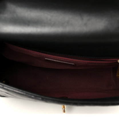 Glazed Calfskin Quilted Large Gold Bar Top Handle Flap Black