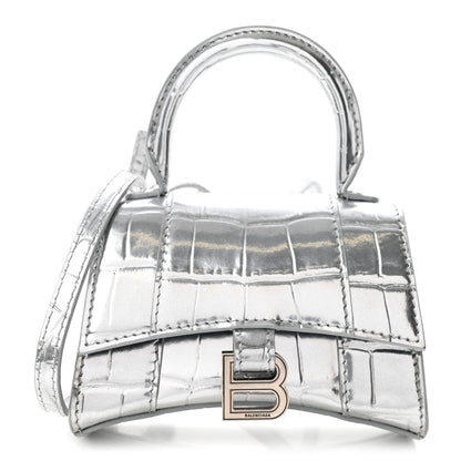 Metallic Calfskin Crocodile Embossed Hourglass Top Handle Bag Mini Silver