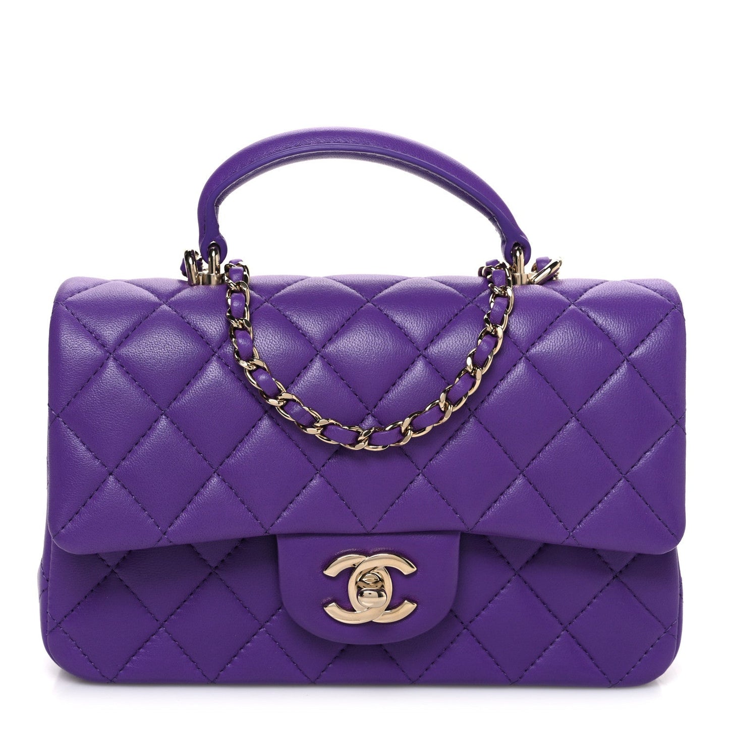 Lambskin Quilted Mini Top Handle Rectangular Flap Dark Purple