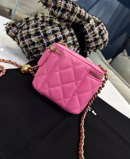 CHANEL Pearl Crush Mini Vanity Case Chain Shoulder Bag Pink Lambskin Leather