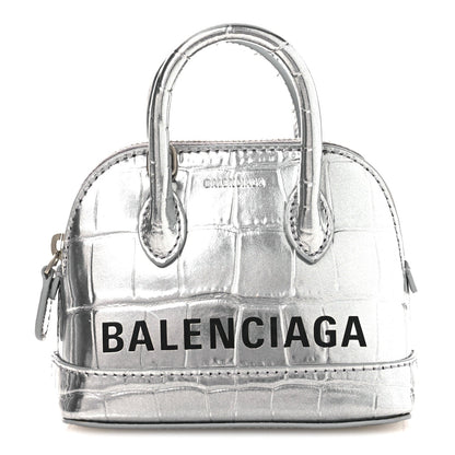 Metallic Calfskin Logo Crocodile Embossed Mini Ville Top Handle Bag Silver Black
