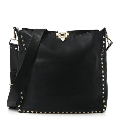 Vitello Calfskin Small Rockstud Flip-Lock Messenger Bag Black