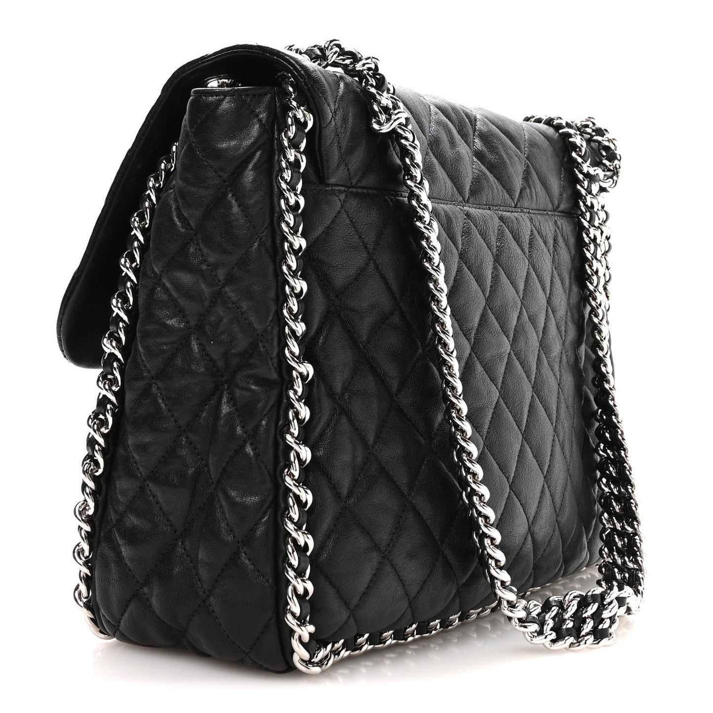 Washed Lambskin Quilted Maxi Chain Around Flap Black