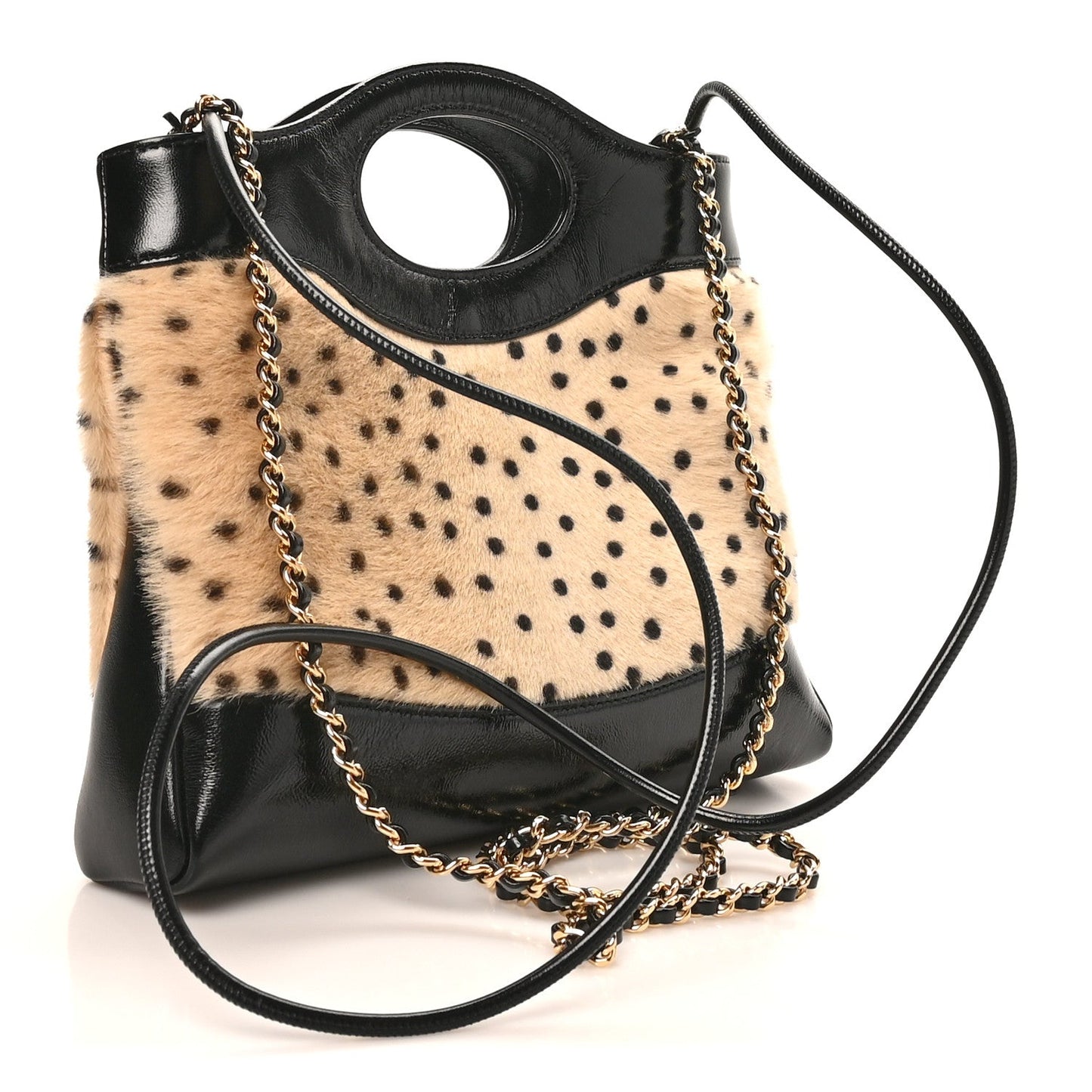 Shiny Lambskin Pony Hair Cheetah Printed Mini 31 Shopping Bag Light Beige Black