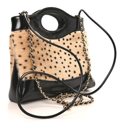 Shiny Lambskin Pony Hair Cheetah Printed Mini 31 Shopping Bag Light Beige Black