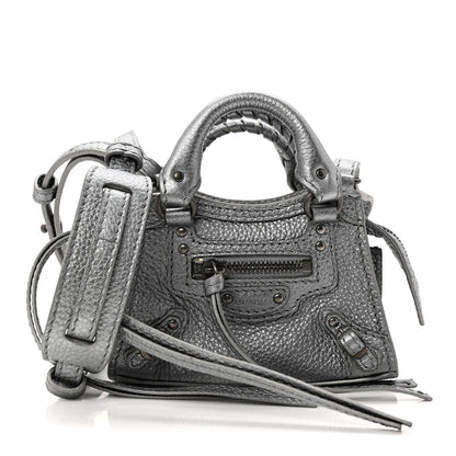 Metallic Grained Calfskin Neo Classic Hardware Super Nano City Crossbody Silver