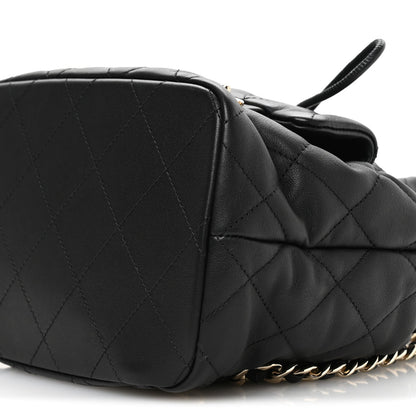 Lambskin Quilted Double Pocket Drawstring Backpack Black