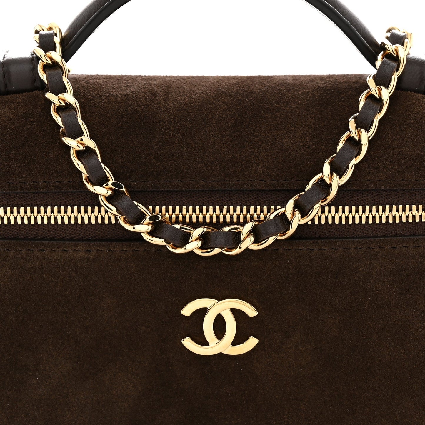 Suede Calfskin Top Handle Trapeze Small Vanity Case With Chain Dark Brown