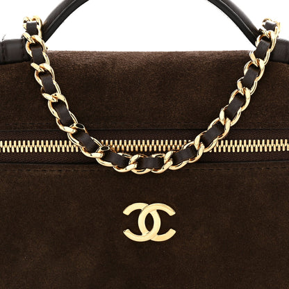 Suede Calfskin Top Handle Trapeze Small Vanity Case With Chain Dark Brown
