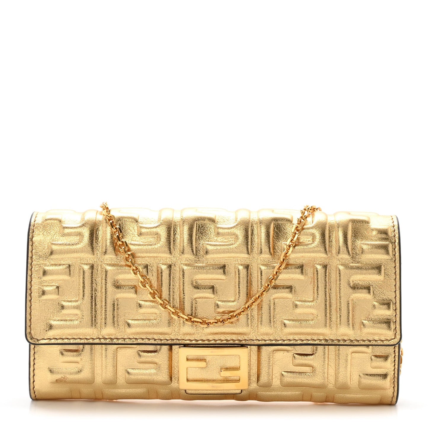 Vitello Catalan Mirror FF 1974 Embossed Continental Wallet on Chain Gold