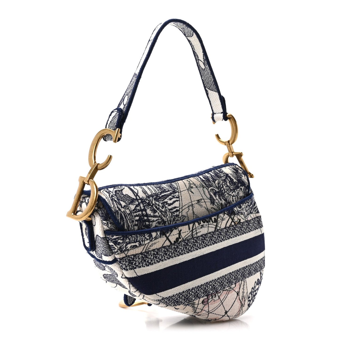 Canvas Embroidered Around the World Saddle Bag Blue