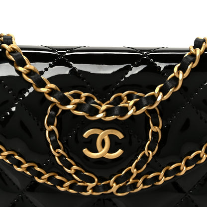 Patent Quilted Chain Around Heart Mini Chain Flap Black