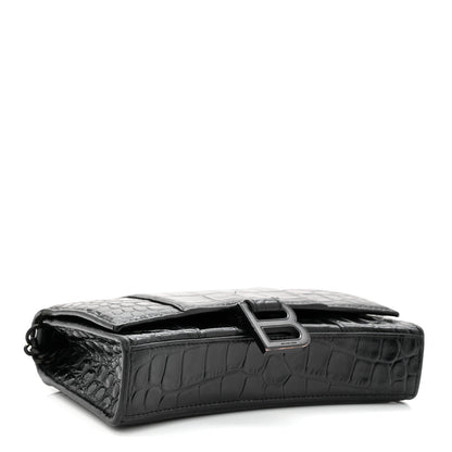 Shiny Calfskin Monochrome Crocodile Embossed Hourglass Chain Bag Black
