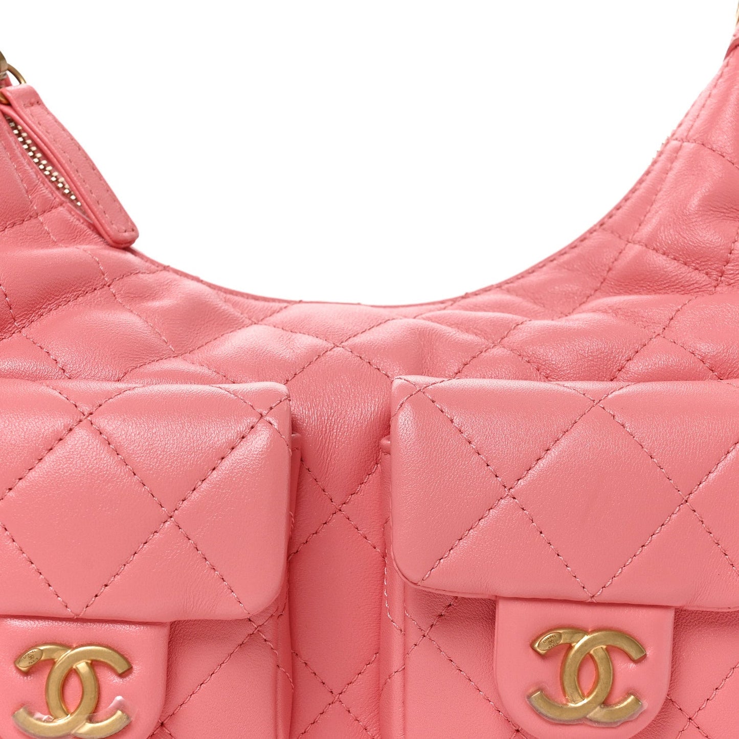 Shiny Lambskin Quilted Trendy Pockets Hobo Coral Pink