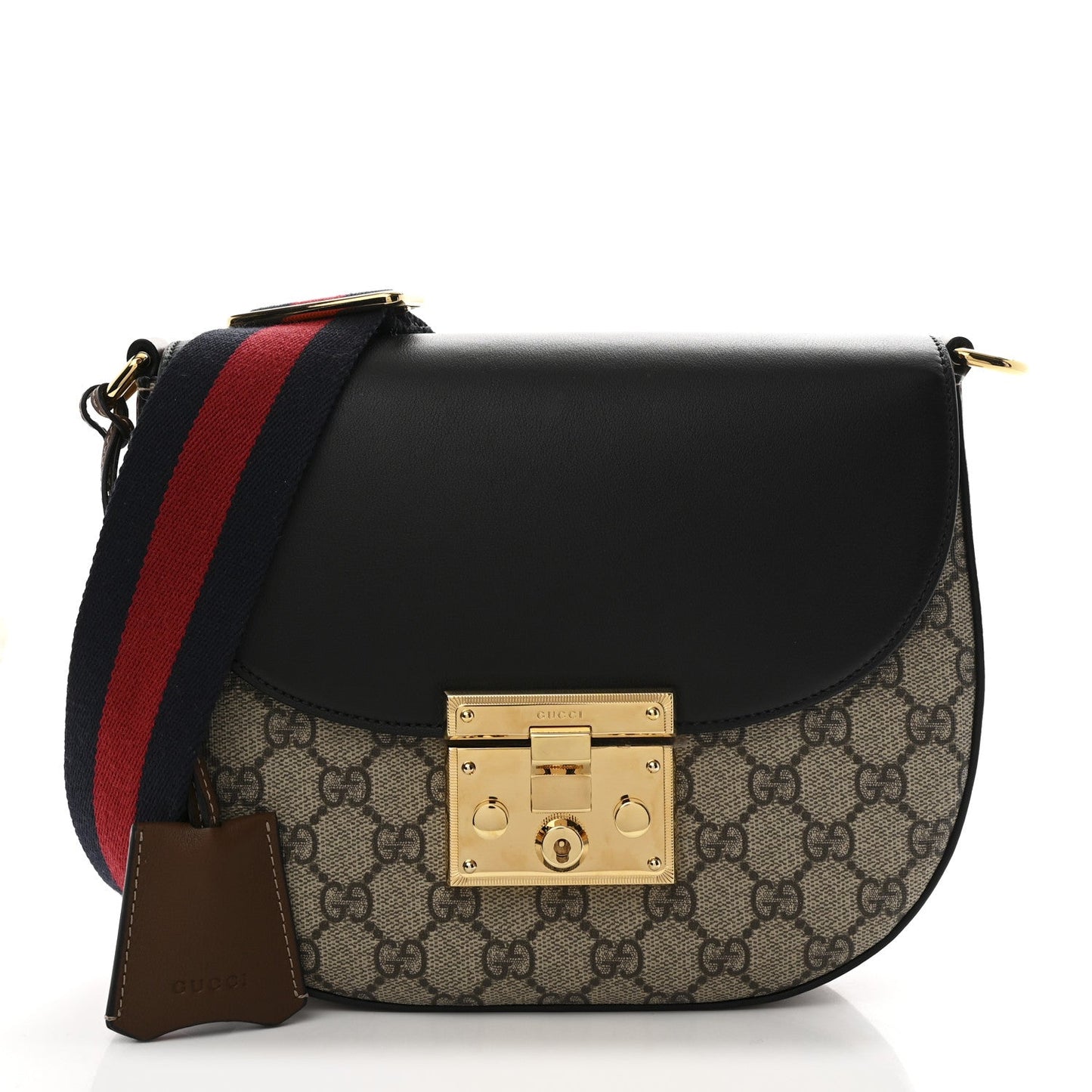 GG Supreme Monogram Web Medium Padlock Messenger Shoulder Bag Black
