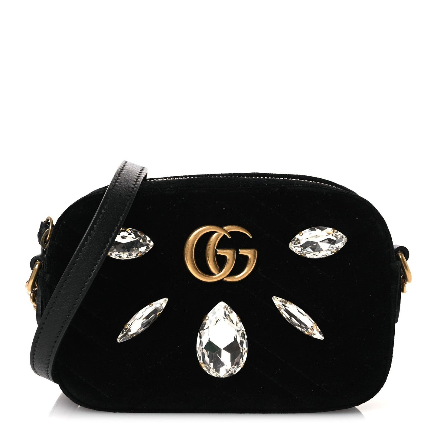 Velvet Matelasse Marquise Crystals Mini GG Marmont Chain Shoulder Bag Black