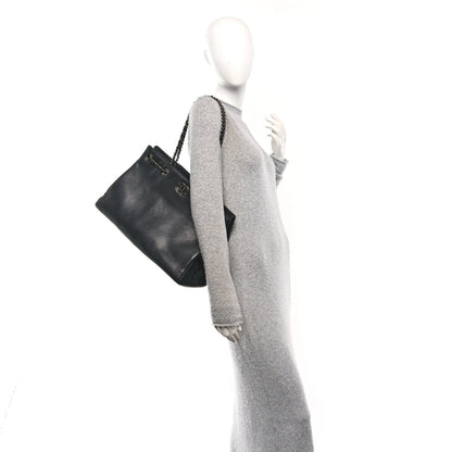 Metallic Grained Calfskin Woven Chain Large Shopping Bag Black