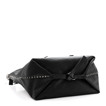 Grained Calfskin Rockstud Travel Tote Bag Black