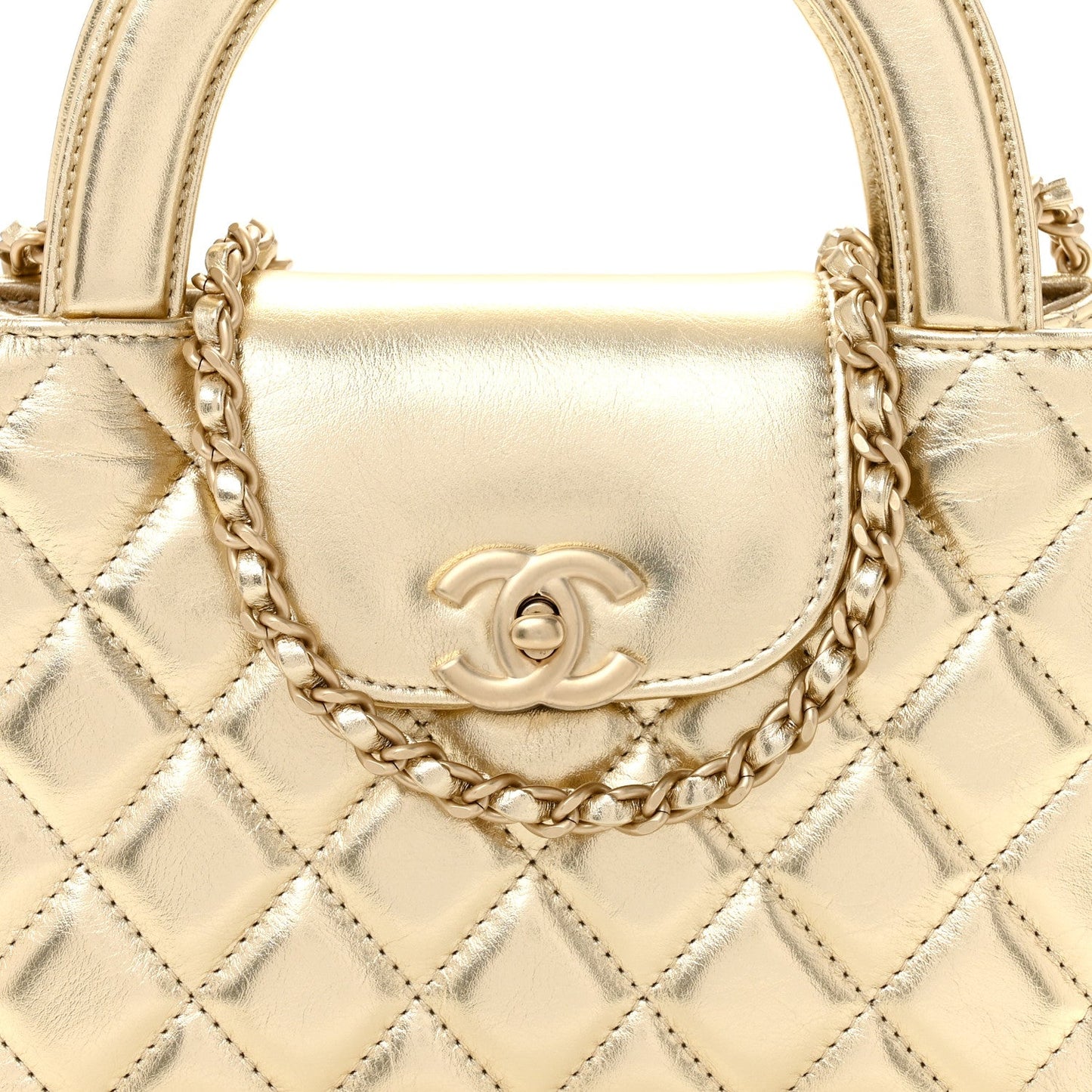 Metallic Shiny Aged Calfskin Quilted Nano Kelly Shopper Gold