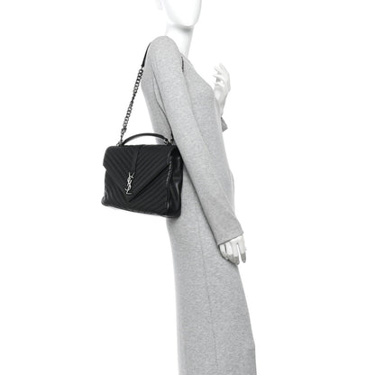 Sheepskin Matelasse Chevron Monogram Large College Satchel Black