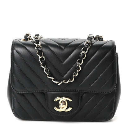 Lambskin Chevron Quilted Mini Square Flap Black