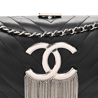 Lambskin Chevron Quilted CC Fringe Clutch Black