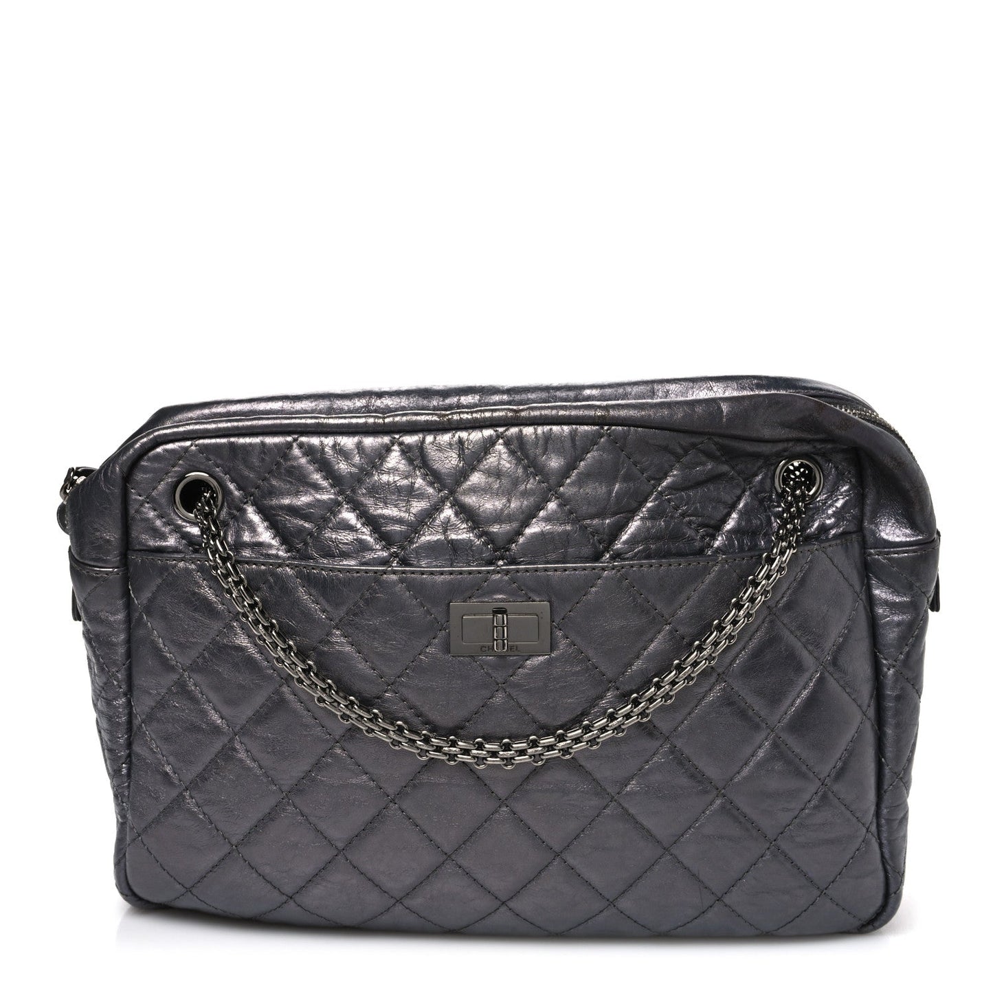 Metallic Aged Calfskin Quilted Large Reissue Camera Case Silver