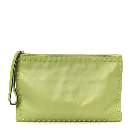 Vitello Large Rockstud Zip Wristlet Pouch Pop Apple
