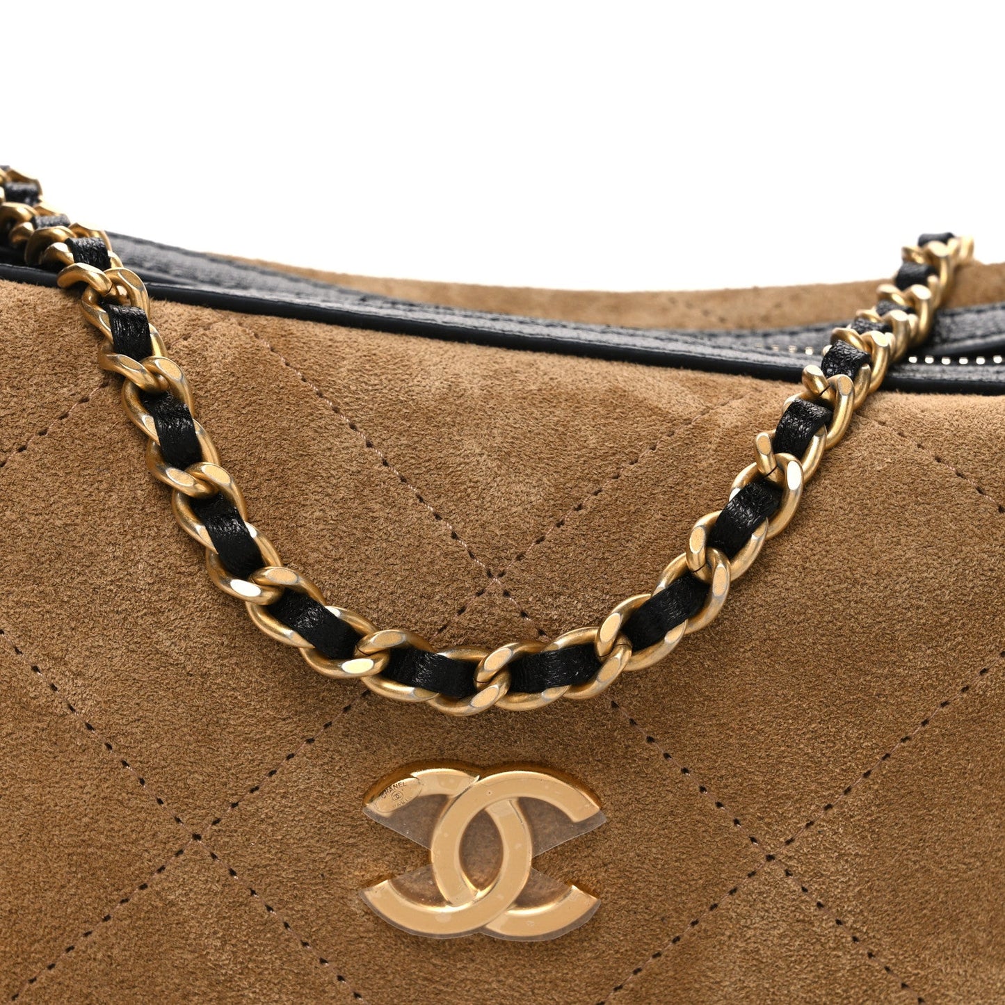 Suede Calfskin Shiny Lambskin Quilted Coco Base Hobo Clutch With Chain Beige Black