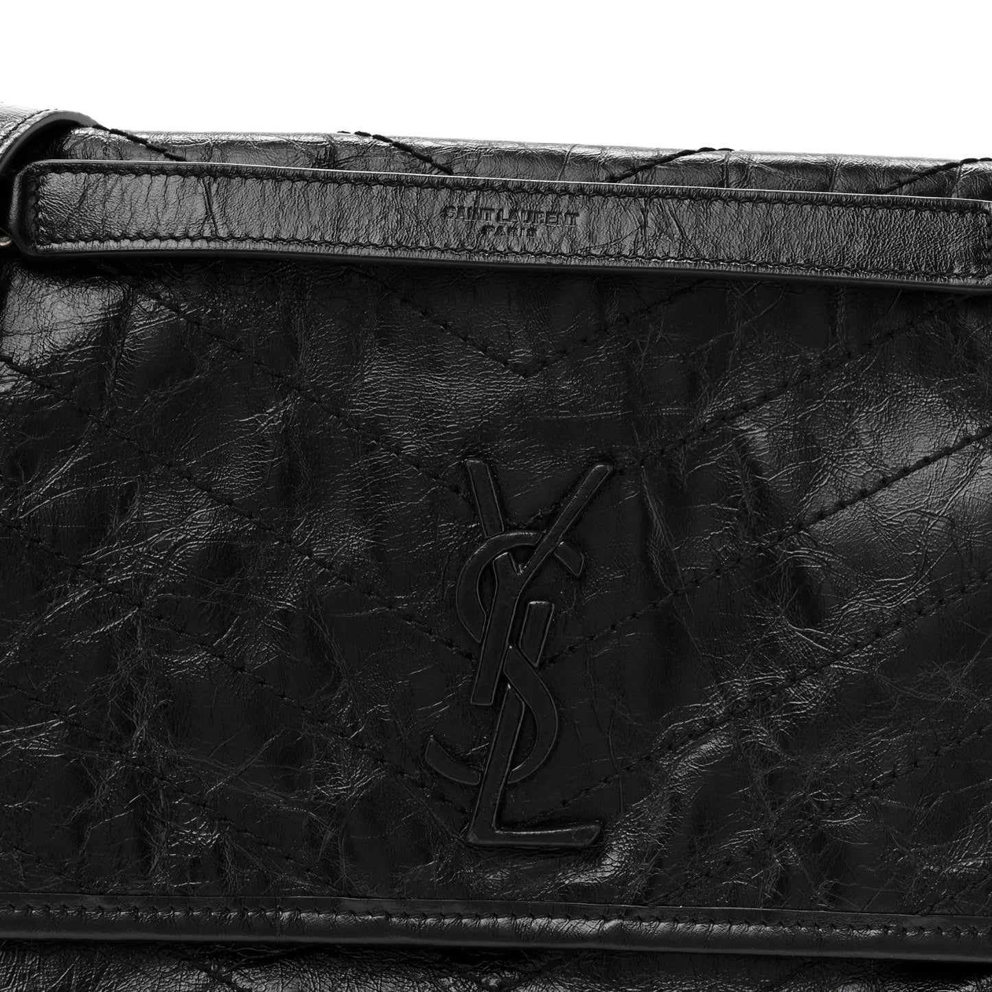 Crinkled Calfskin Matelasse Monogram Medium Niki Chain Satchel Black